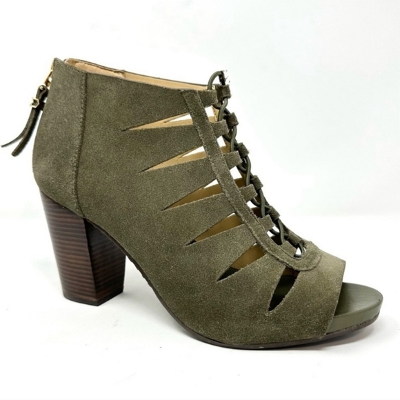 Michael Kors Elsie Cutout Suede Open Toe Booties Olive Green Women's Size 9M NEW - Picture 1 of 16